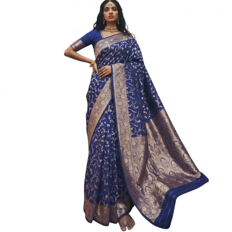 Women's Art Silk Printed Saree With Unstitched Blouse 5.5Mtr (Navy Blue) - Image 2