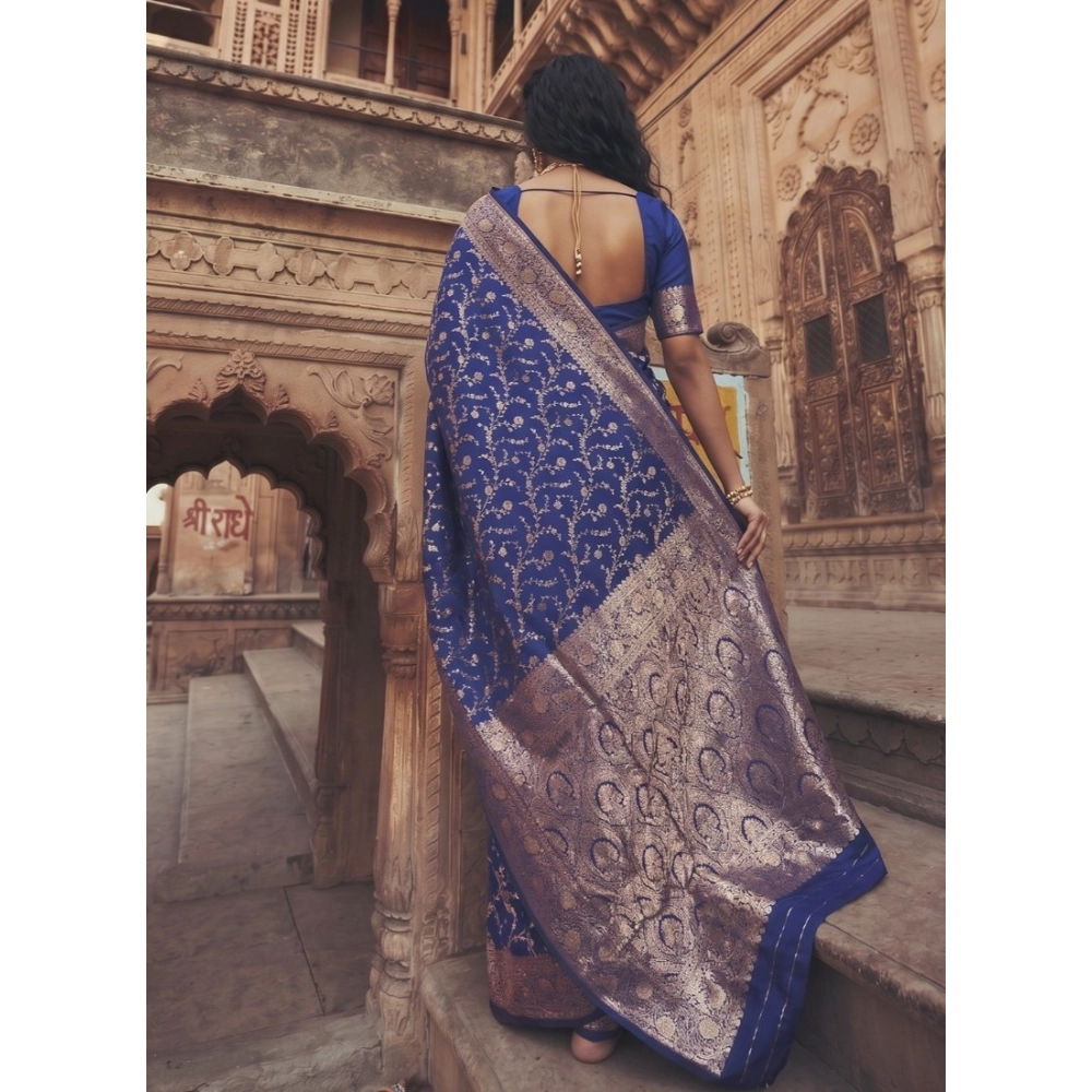 Women's Art Silk Printed Saree With Unstitched Blouse 5.5Mtr (Navy Blue) - Image 3