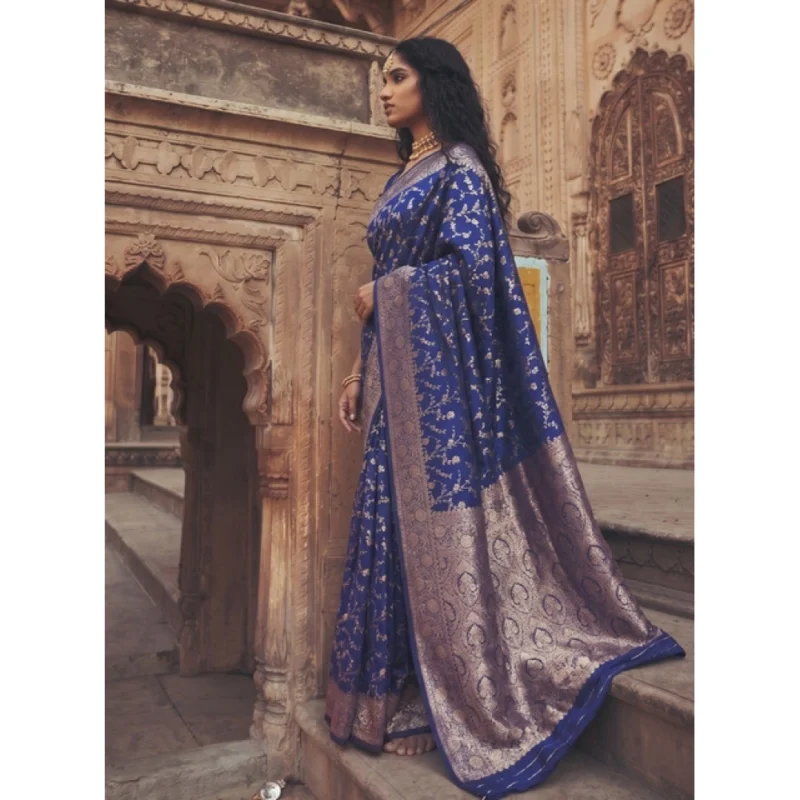 Women's Art Silk Printed Saree With Unstitched Blouse 5.5Mtr (Navy Blue) - Image 4