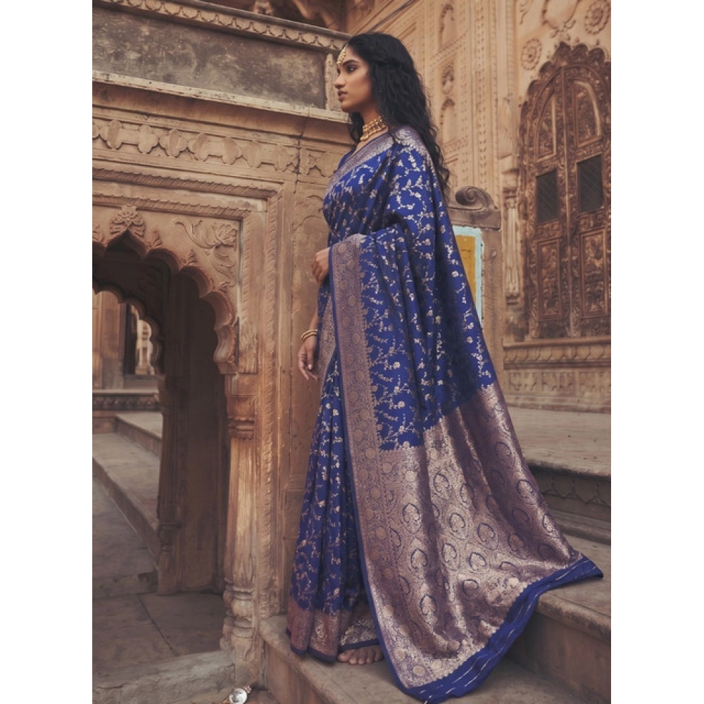 Women's Art Silk Printed Saree With Unstitched Blouse 5.5Mtr (Navy Blue) - Image 4