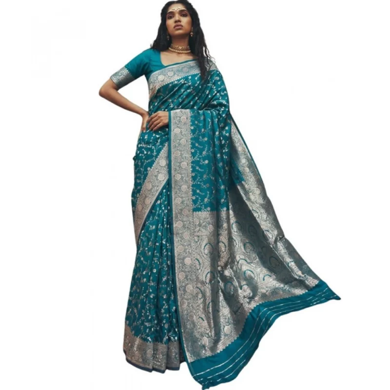 Women's Art Silk Printed Saree With Unstitched Blouse 5.5Mtr (Teal) - Image 2