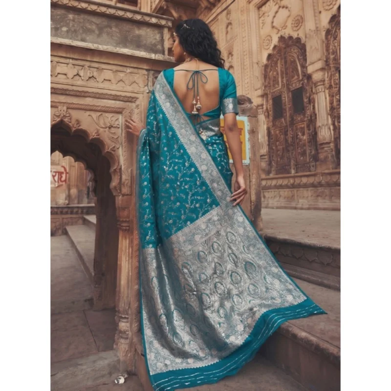 Women's Art Silk Printed Saree With Unstitched Blouse 5.5Mtr (Teal) - Image 3