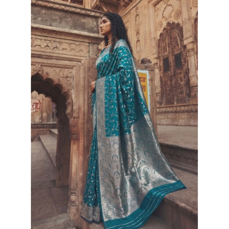 Women's Art Silk Printed Saree With Unstitched Blouse 5.5Mtr (Teal) - Image 4
