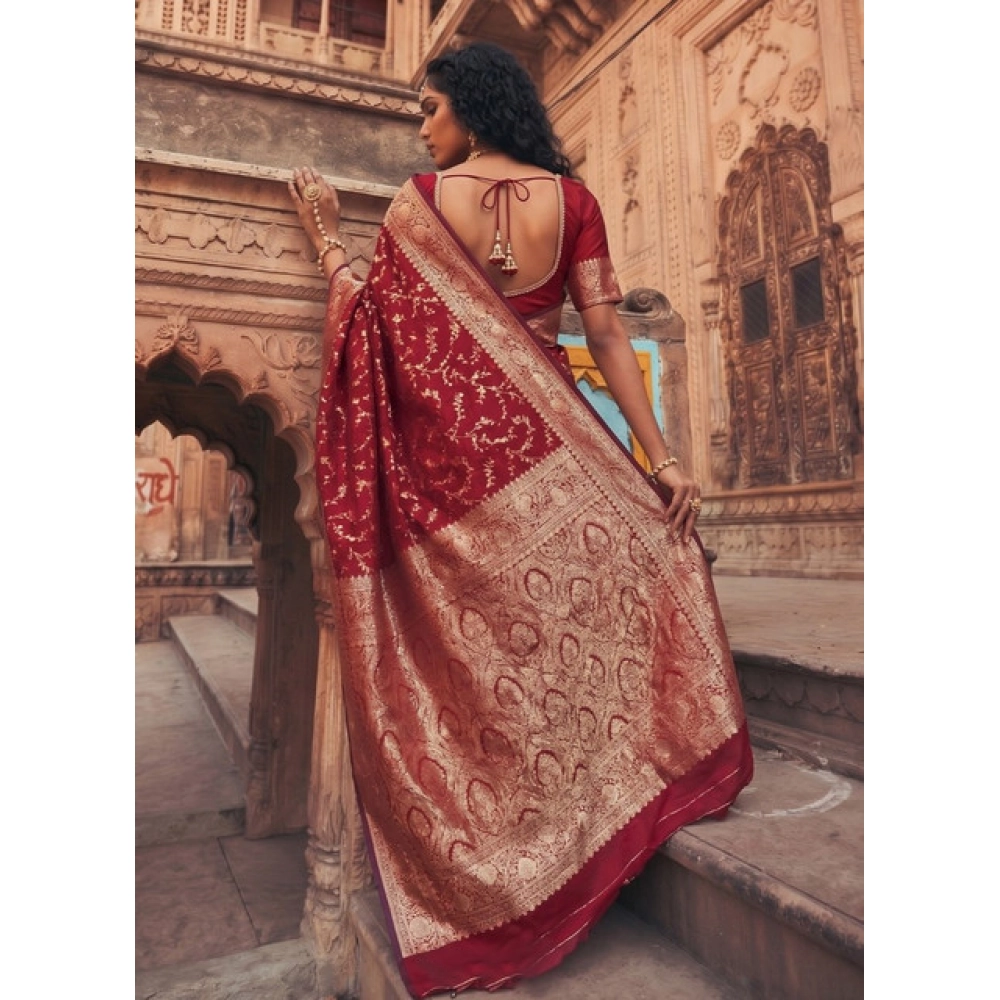Women's Art Silk Printed Saree With Unstitched Blouse 5.5Mtr (Red) - Image 3