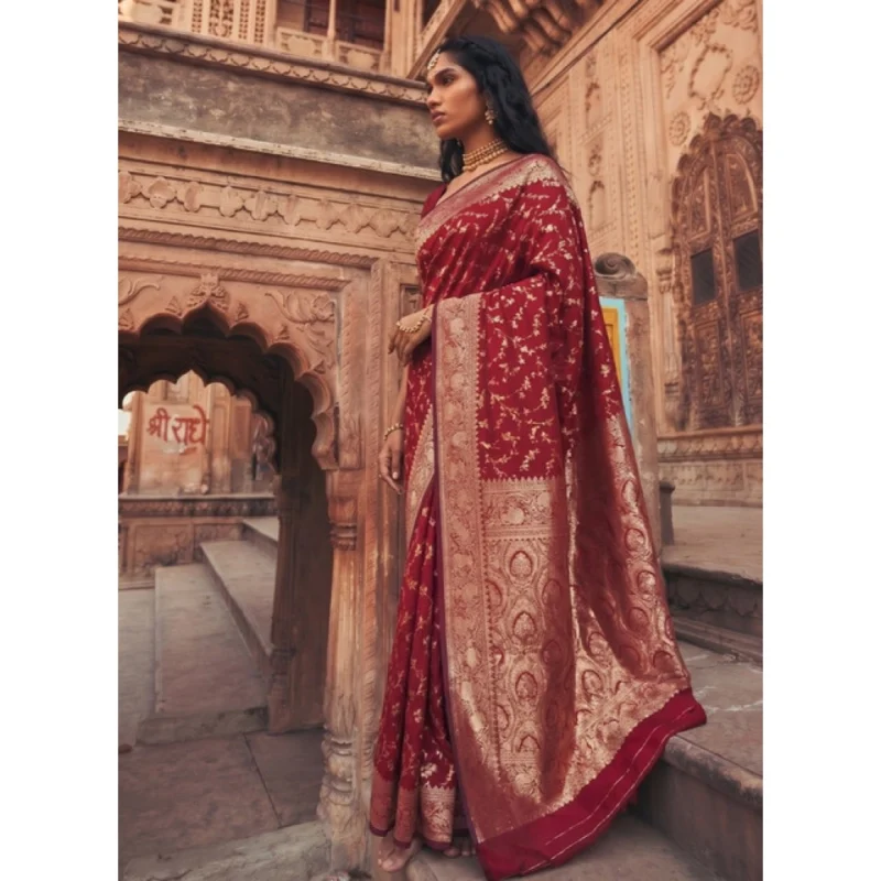 Women's Art Silk Printed Saree With Unstitched Blouse 5.5Mtr (Red) - Image 4