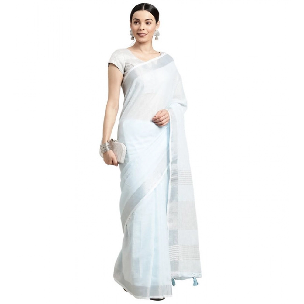 Women's Linen Cotton Striped Saree With Unstitched Blouse 5.5Mtr (Sky Blue) - Image 2