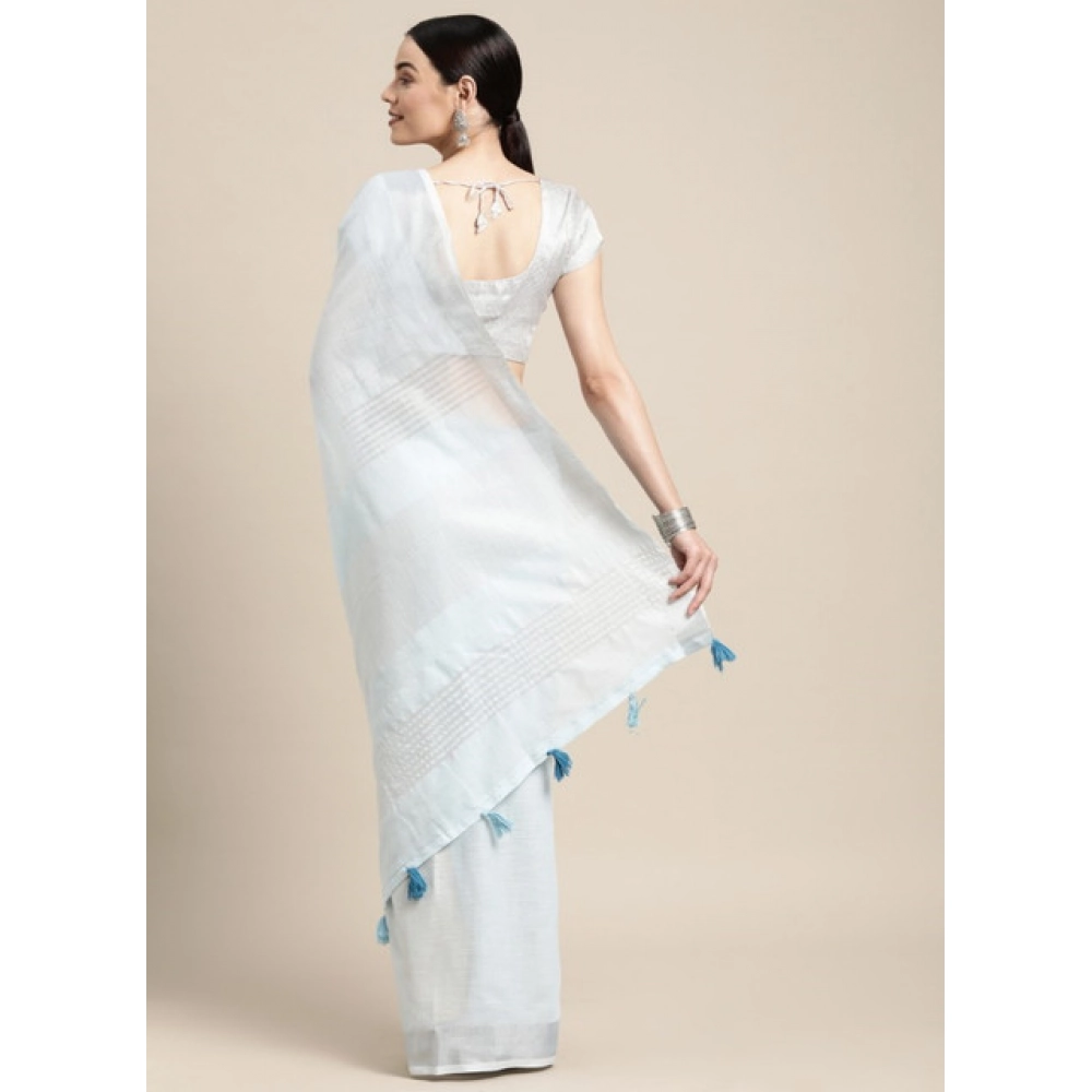 Women's Linen Cotton Striped Saree With Unstitched Blouse 5.5Mtr (Sky Blue) - Image 3