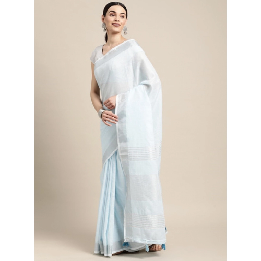 Women's Linen Cotton Striped Saree With Unstitched Blouse 5.5Mtr (Sky Blue) - Image 4