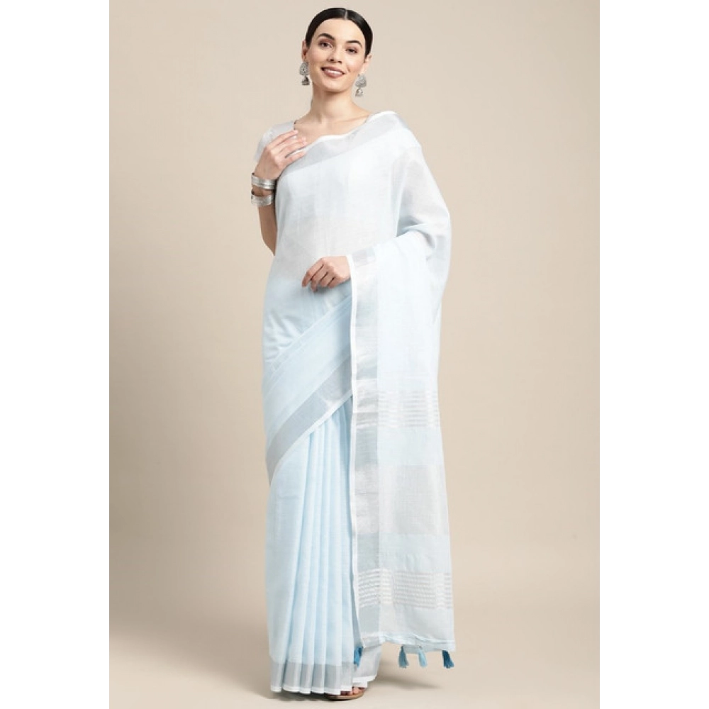 Women's Linen Cotton Striped Saree With Unstitched Blouse 5.5Mtr (Sky Blue) - Image 5