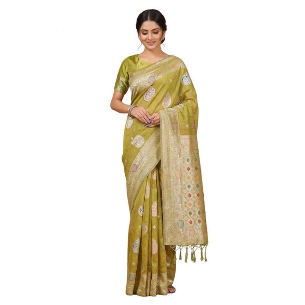 Women's Linen Cotton Printed Saree With Unstitched Blouse 5.5Mtr (Mustard) - Image 2