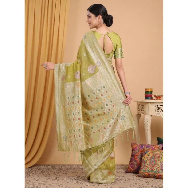 Women's Linen Cotton Printed Saree With Unstitched Blouse 5.5Mtr (Mustard) - Image 3
