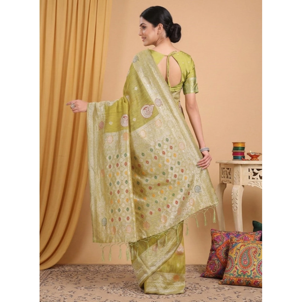 Women's Linen Cotton Printed Saree With Unstitched Blouse 5.5Mtr (Mustard) - Image 3