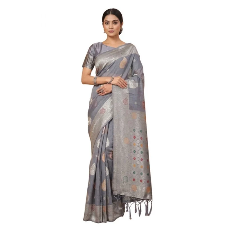 Women's Linen Cotton Printed Saree With Unstitched Blouse 5.5Mtr (Grey) - Image 2