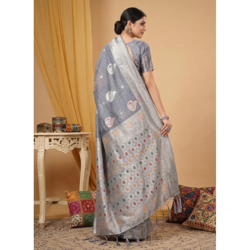 Women's Linen Cotton Printed Saree With Unstitched Blouse 5.5Mtr (Grey) - Image 3