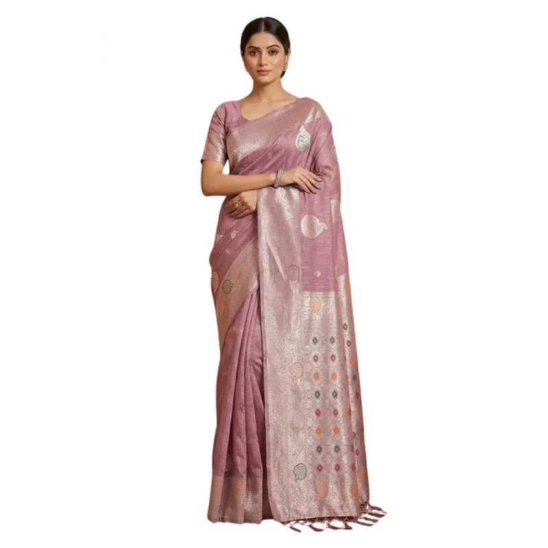 Women's Linen Cotton Printed Saree With Unstitched Blouse 5.5Mtr (Purple) - Image 2