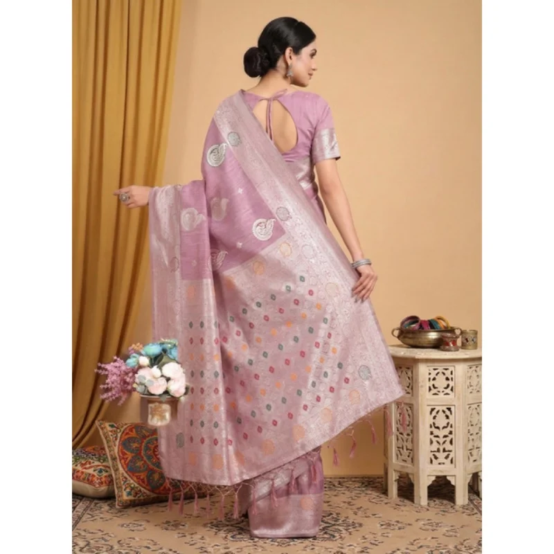 Women's Linen Cotton Printed Saree With Unstitched Blouse 5.5Mtr (Purple) - Image 3