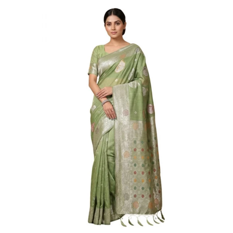 Women's Linen Cotton Printed Saree With Unstitched Blouse 5.5Mtr (Light Green) - Image 2