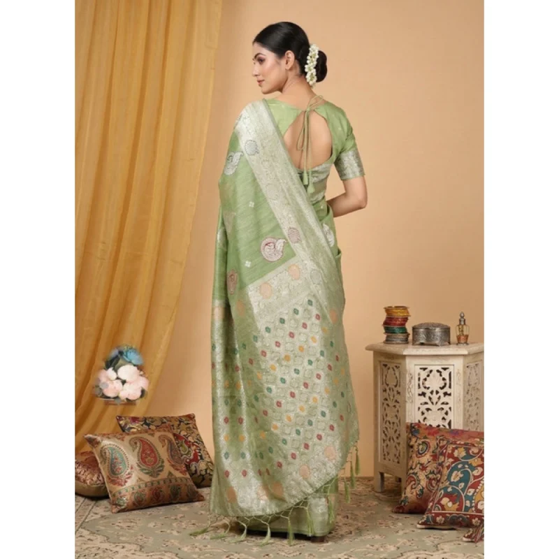 Women's Linen Cotton Printed Saree With Unstitched Blouse 5.5Mtr (Light Green) - Image 3