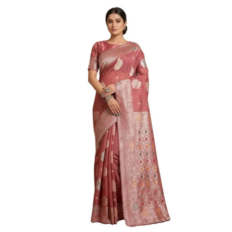 Women's Linen Cotton Printed Saree With Unstitched Blouse 5.5Mtr (Pink) - Image 2