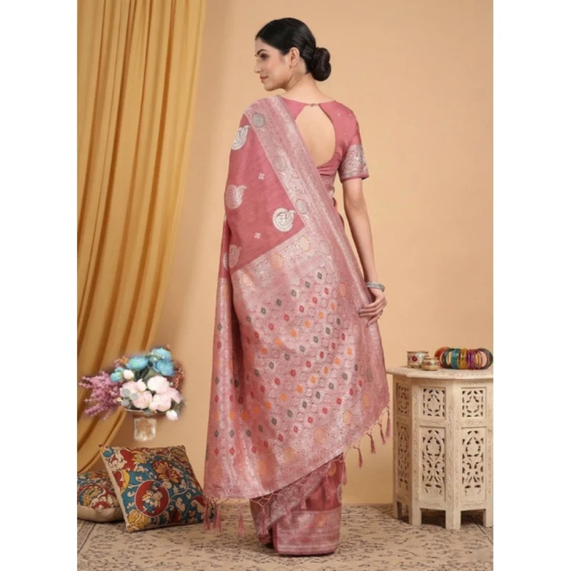 Women's Linen Cotton Printed Saree With Unstitched Blouse 5.5Mtr (Pink) - Image 3