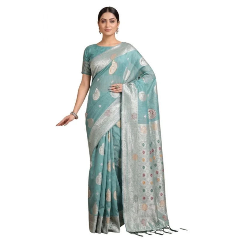 Women's Linen Cotton Printed Saree With Unstitched Blouse 5.5Mtr (Sea Green) - Image 2
