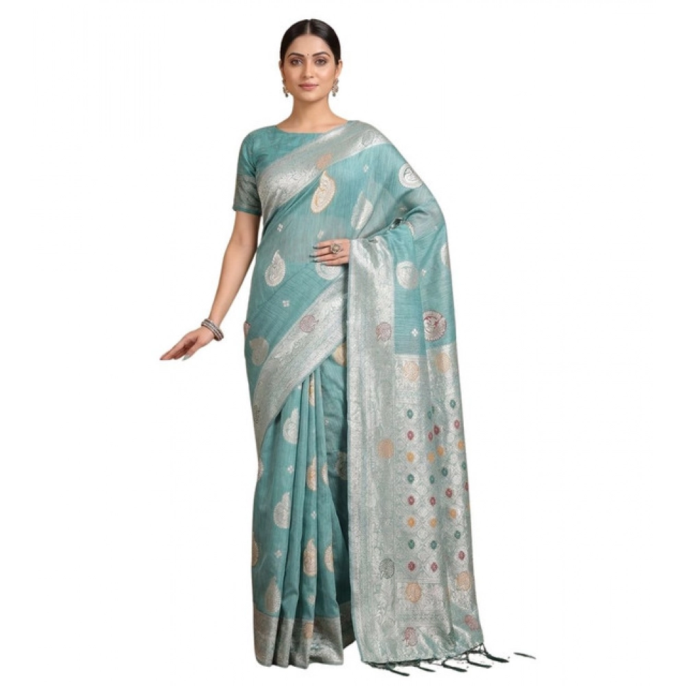 Women's Linen Cotton Printed Saree With Unstitched Blouse 5.5Mtr (Sea Green) - Image 2