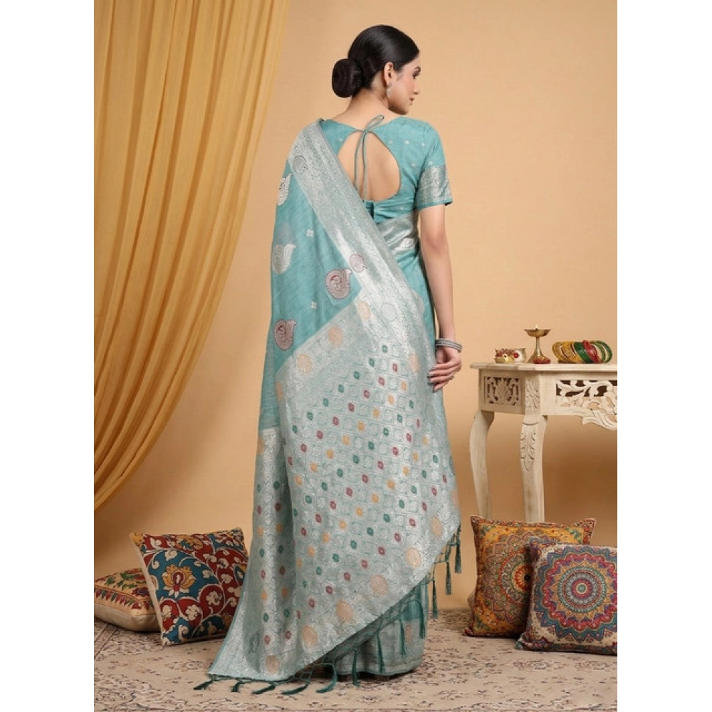 Women's Linen Cotton Printed Saree With Unstitched Blouse 5.5Mtr (Sea Green) - Image 3