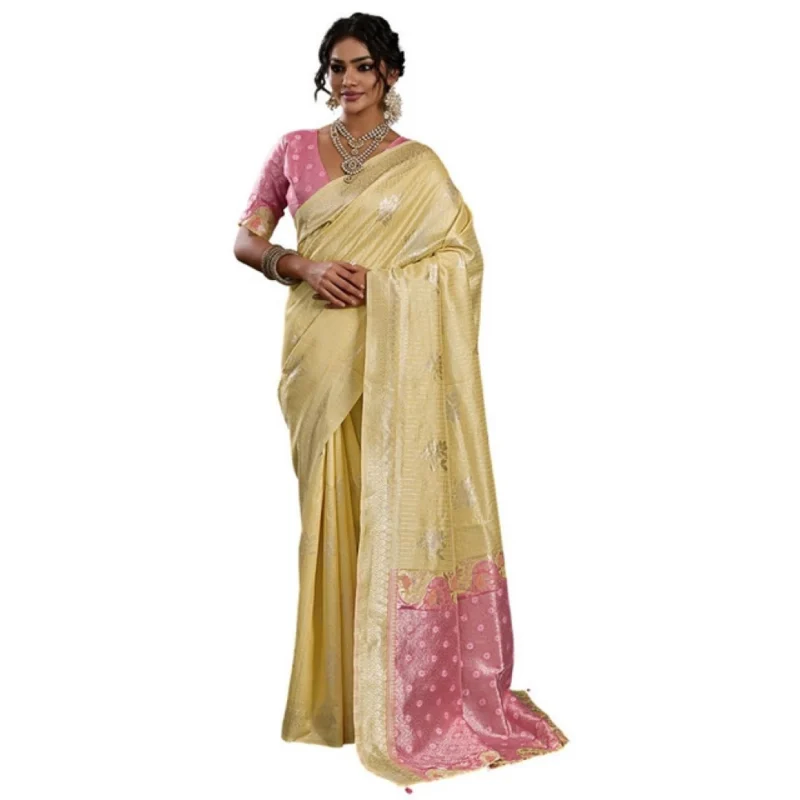 Women's Linen Cotton Printed Saree With Unstitched Blouse 5.5Mtr (Yellow ) - Image 2