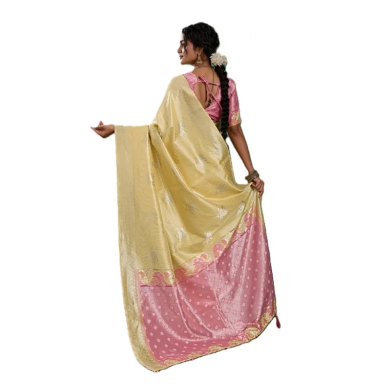 Women's Linen Cotton Printed Saree With Unstitched Blouse 5.5Mtr (Yellow ) - Image 3