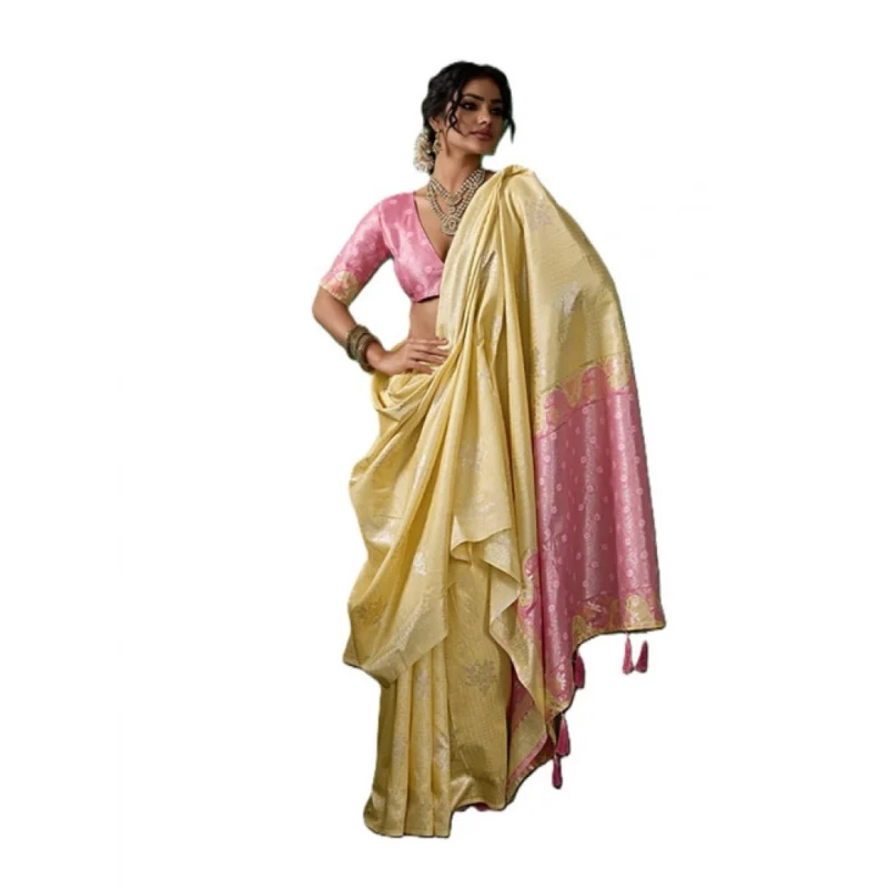 Women's Linen Cotton Printed Saree With Unstitched Blouse 5.5Mtr (Yellow ) - Image 4