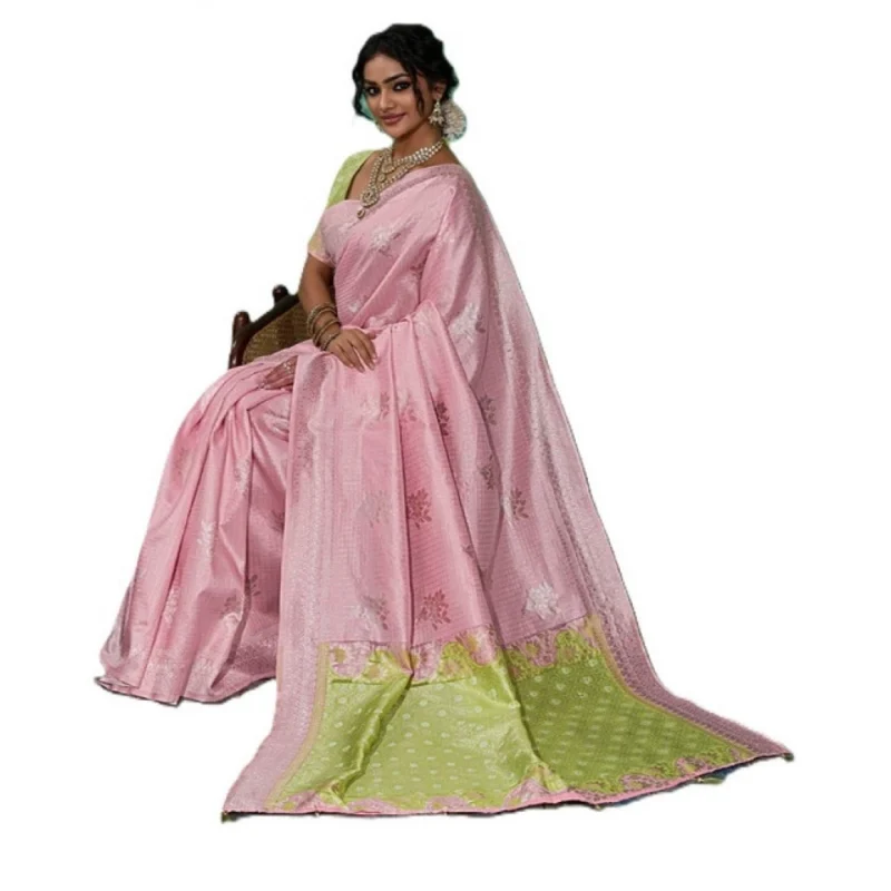 Women's Linen Cotton Printed Saree With Unstitched Blouse 5.5Mtr (Pink)