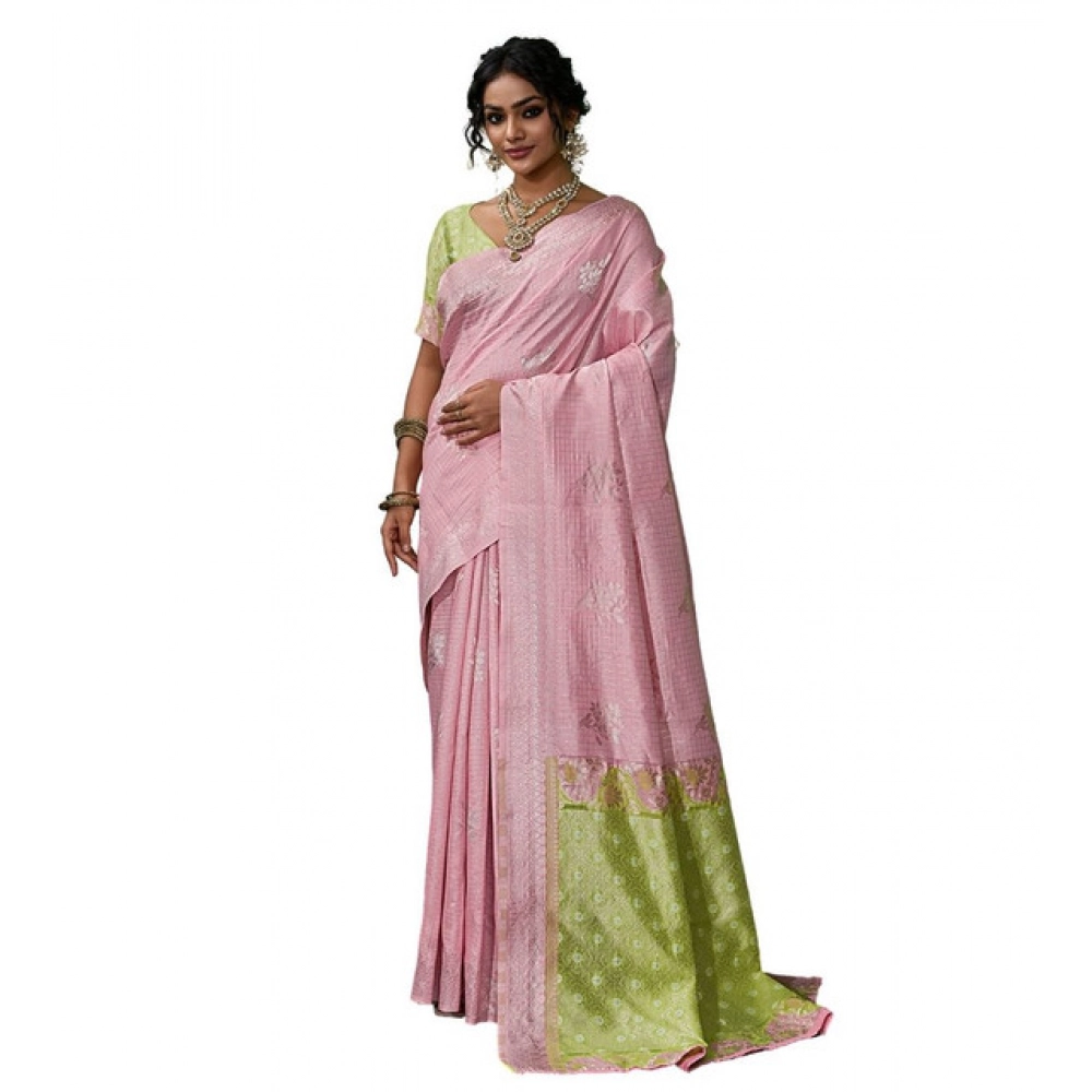 Women's Linen Cotton Printed Saree With Unstitched Blouse 5.5Mtr (Pink) - Image 2