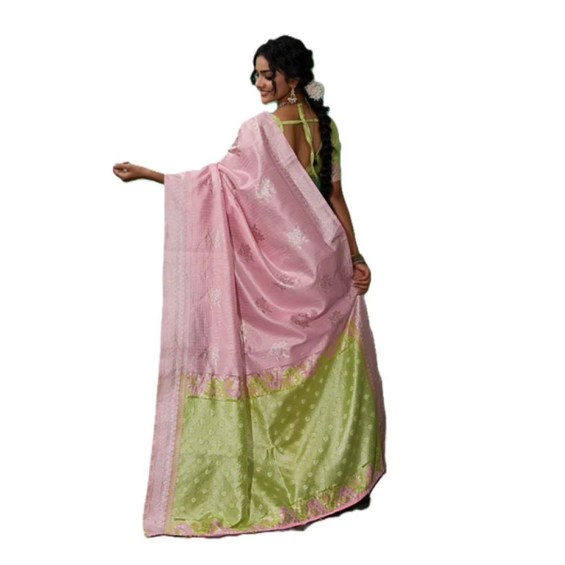 Women's Linen Cotton Printed Saree With Unstitched Blouse 5.5Mtr (Pink) - Image 3