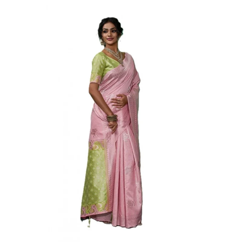 Women's Linen Cotton Printed Saree With Unstitched Blouse 5.5Mtr (Pink) - Image 4