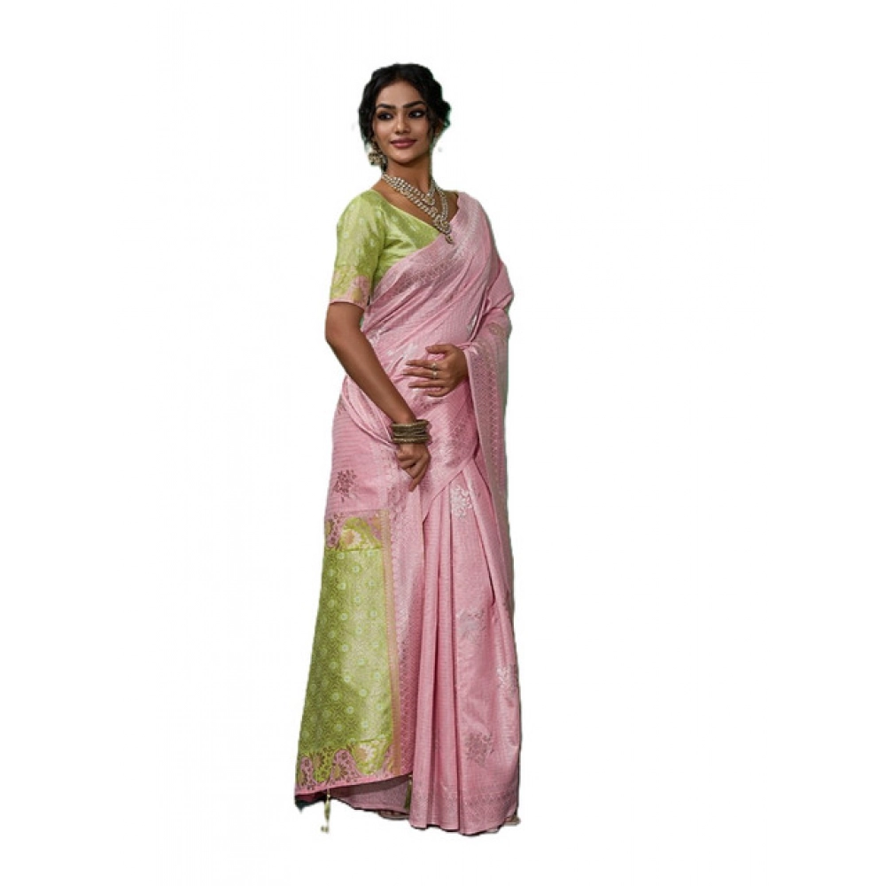 Women's Linen Cotton Printed Saree With Unstitched Blouse 5.5Mtr (Pink) - Image 4