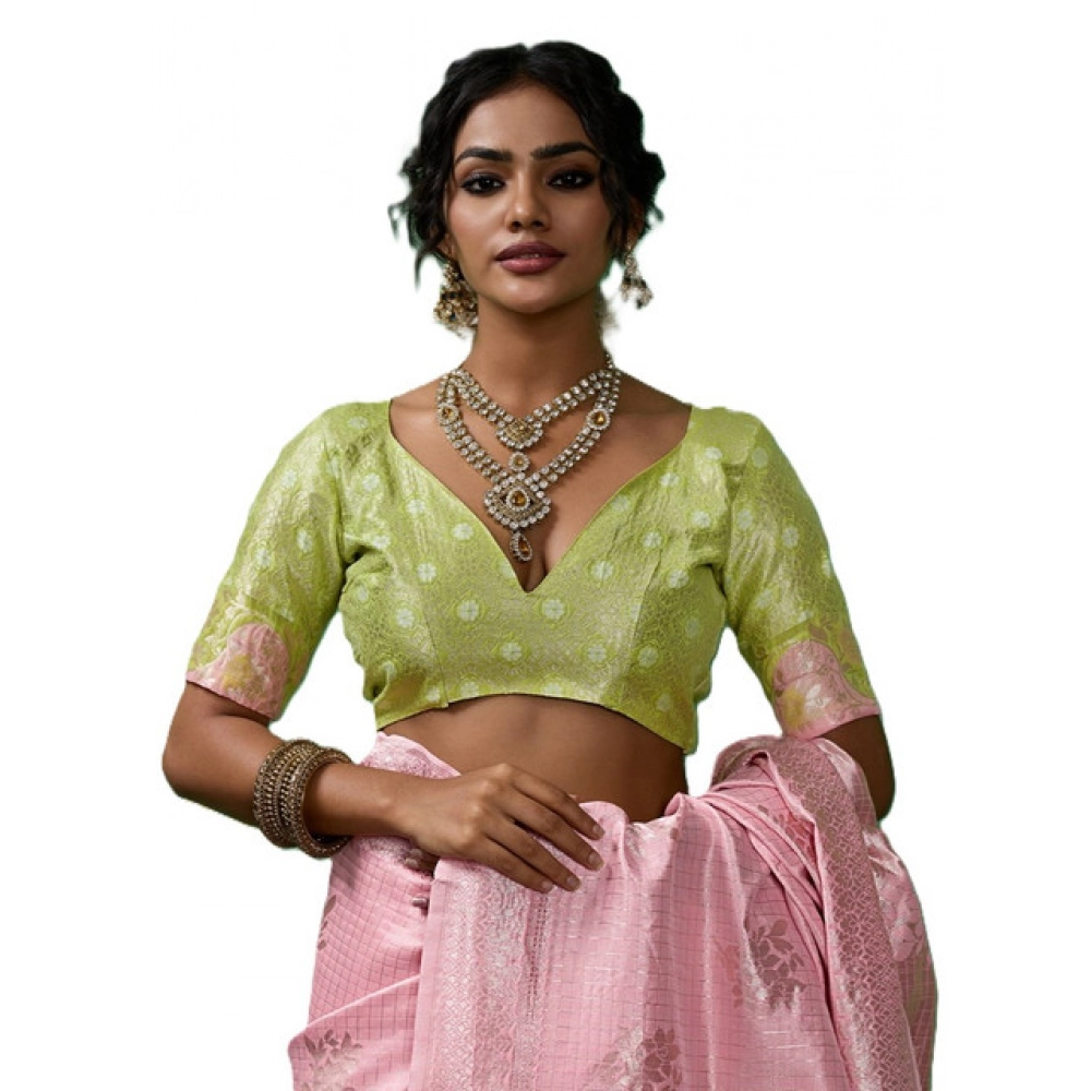 Women's Linen Cotton Printed Saree With Unstitched Blouse 5.5Mtr (Pink) - Image 5