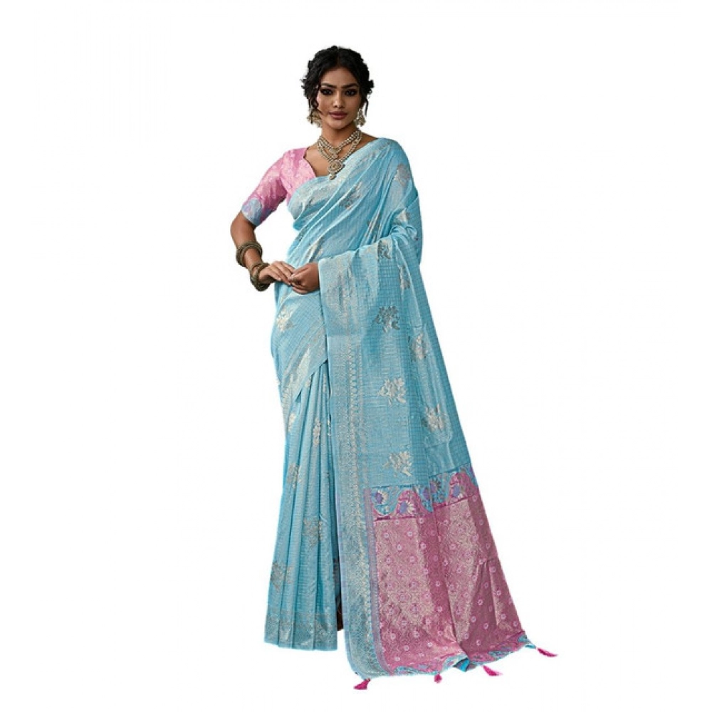 Women's Linen Cotton Printed Saree With Unstitched Blouse 5.5Mtr (Sky Blue) - Image 2