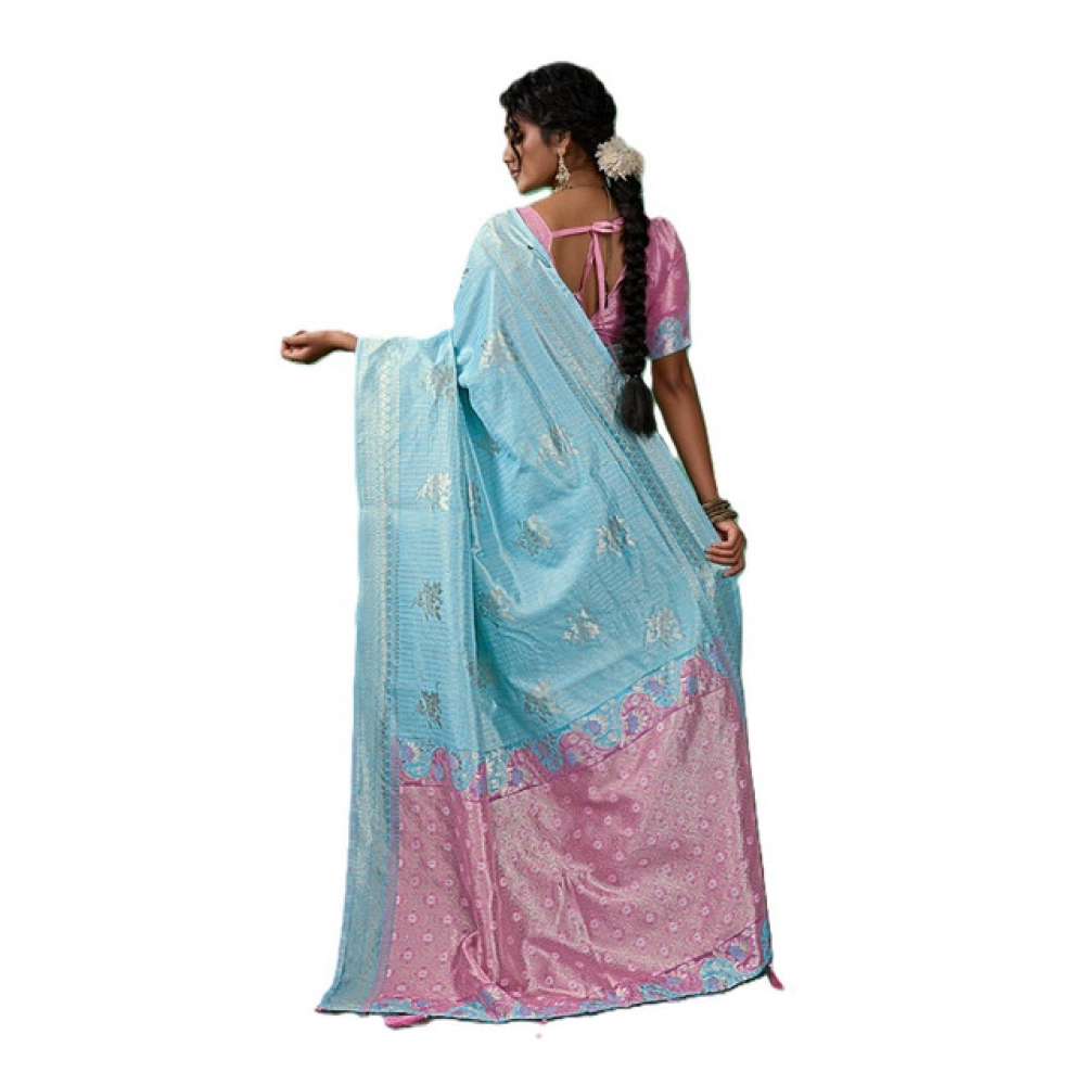 Women's Linen Cotton Printed Saree With Unstitched Blouse 5.5Mtr (Sky Blue) - Image 3