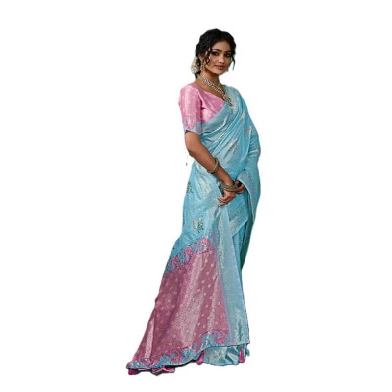 Women's Linen Cotton Printed Saree With Unstitched Blouse 5.5Mtr (Sky Blue) - Image 4