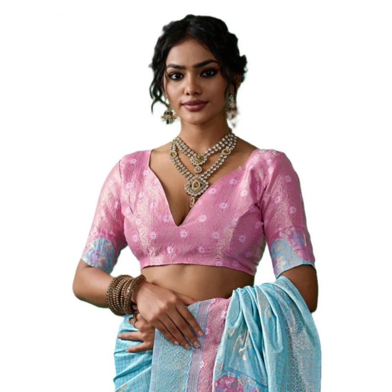 Women's Linen Cotton Printed Saree With Unstitched Blouse 5.5Mtr (Sky Blue) - Image 5