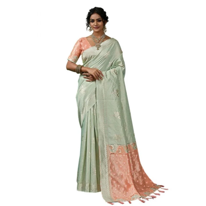 Women's Linen Cotton Printed Saree With Unstitched Blouse 5.5Mtr (Pista Green) - Image 2