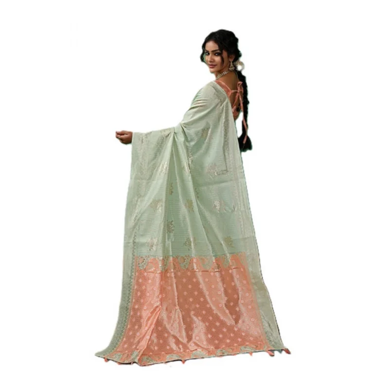 Women's Linen Cotton Printed Saree With Unstitched Blouse 5.5Mtr (Pista Green) - Image 3