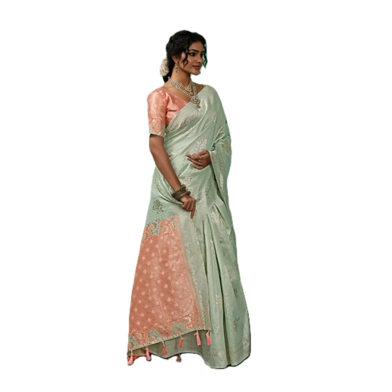 Women's Linen Cotton Printed Saree With Unstitched Blouse 5.5Mtr (Pista Green) - Image 4