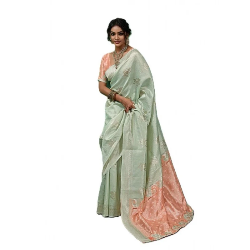Women's Linen Cotton Printed Saree With Unstitched Blouse 5.5Mtr (Pista Green) - Image 5