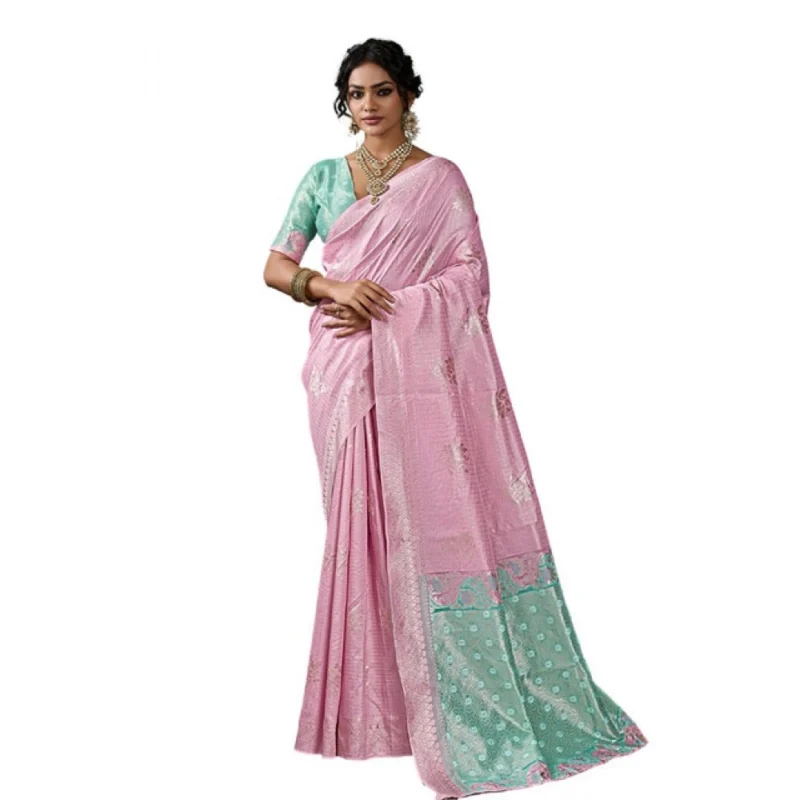 Women's Linen Cotton Printed Saree With Unstitched Blouse 5.5Mtr (Pastel Pink) - Image 2