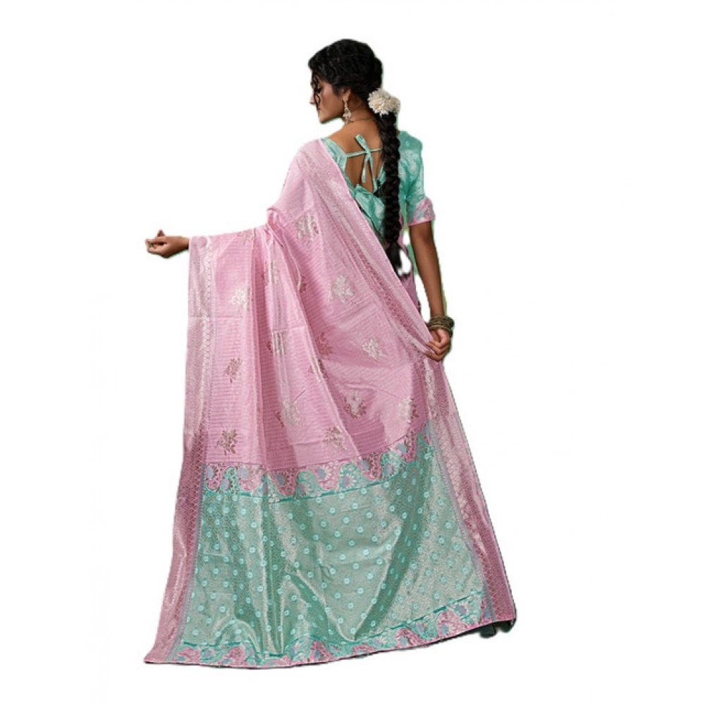 Women's Linen Cotton Printed Saree With Unstitched Blouse 5.5Mtr (Pastel Pink) - Image 3