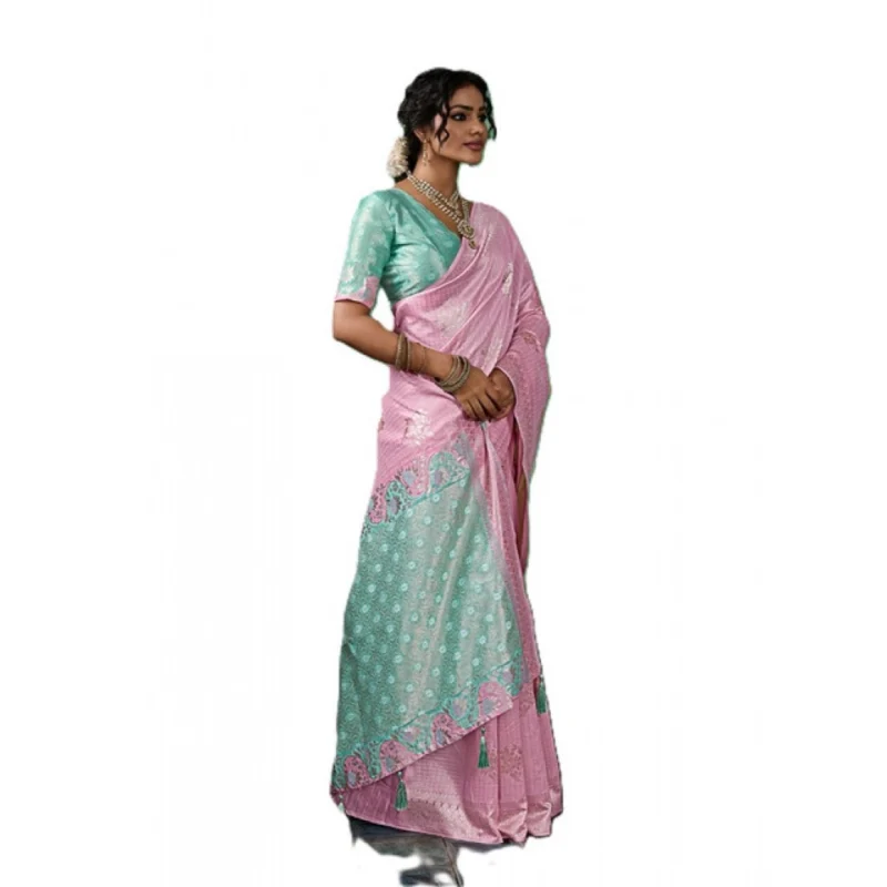 Women's Linen Cotton Printed Saree With Unstitched Blouse 5.5Mtr (Pastel Pink) - Image 4