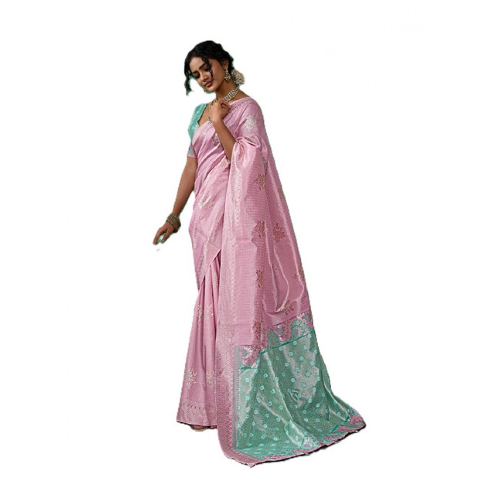 Women's Linen Cotton Printed Saree With Unstitched Blouse 5.5Mtr (Pastel Pink) - Image 5
