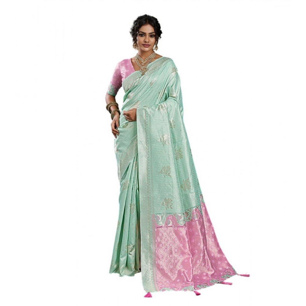 Women's Linen Cotton Printed Saree With Unstitched Blouse 5.5Mtr (Sea Green) - Image 2