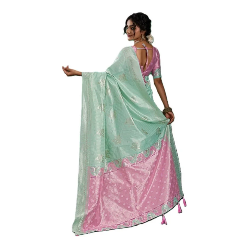 Women's Linen Cotton Printed Saree With Unstitched Blouse 5.5Mtr (Sea Green) - Image 3